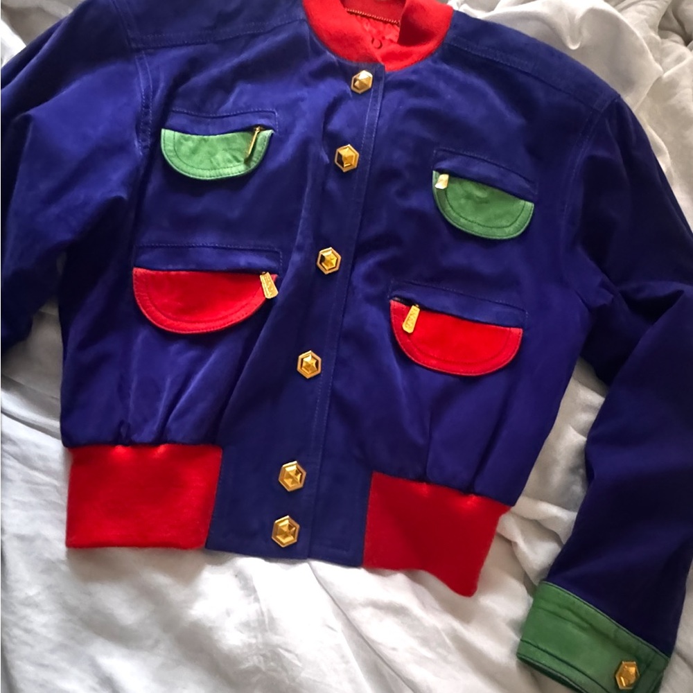 RARE Vintage Escada Margaretha Ley Royal Blue and Red Leather Jacket with Gold